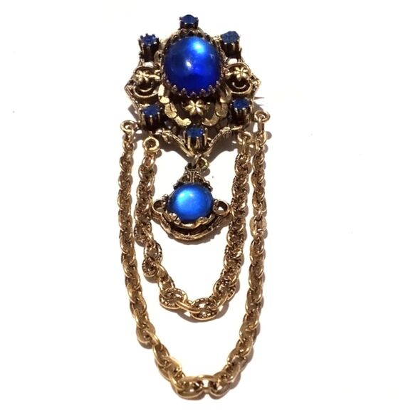 Vintage Victorian Style Gold Tone Blue Cabochon Statement Brooch - Picture 2 of 7